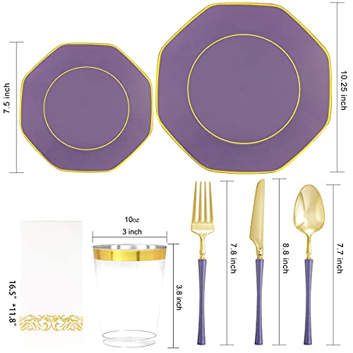 KIRE 140Pcs Purple Plastic Plates with Gold Rim& Gold Disposable Plastic Silverware with Handle&Clear Cups&Hand Napkin- Geometric Purple Plastic Plates for Parties & Mardi Gras plates - Image 2