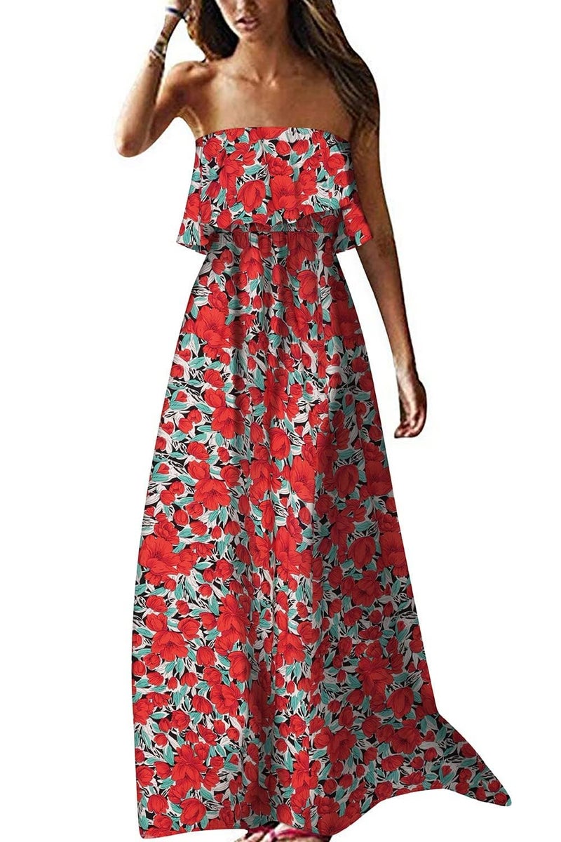 ZMPSIISA Women's Summer Off The Shoulder Maxi Dress Ruffle Strapless Blue White Porcelain Boho Casual Loose Long Dresses(A-Flower Red,X-Large) - Image 1