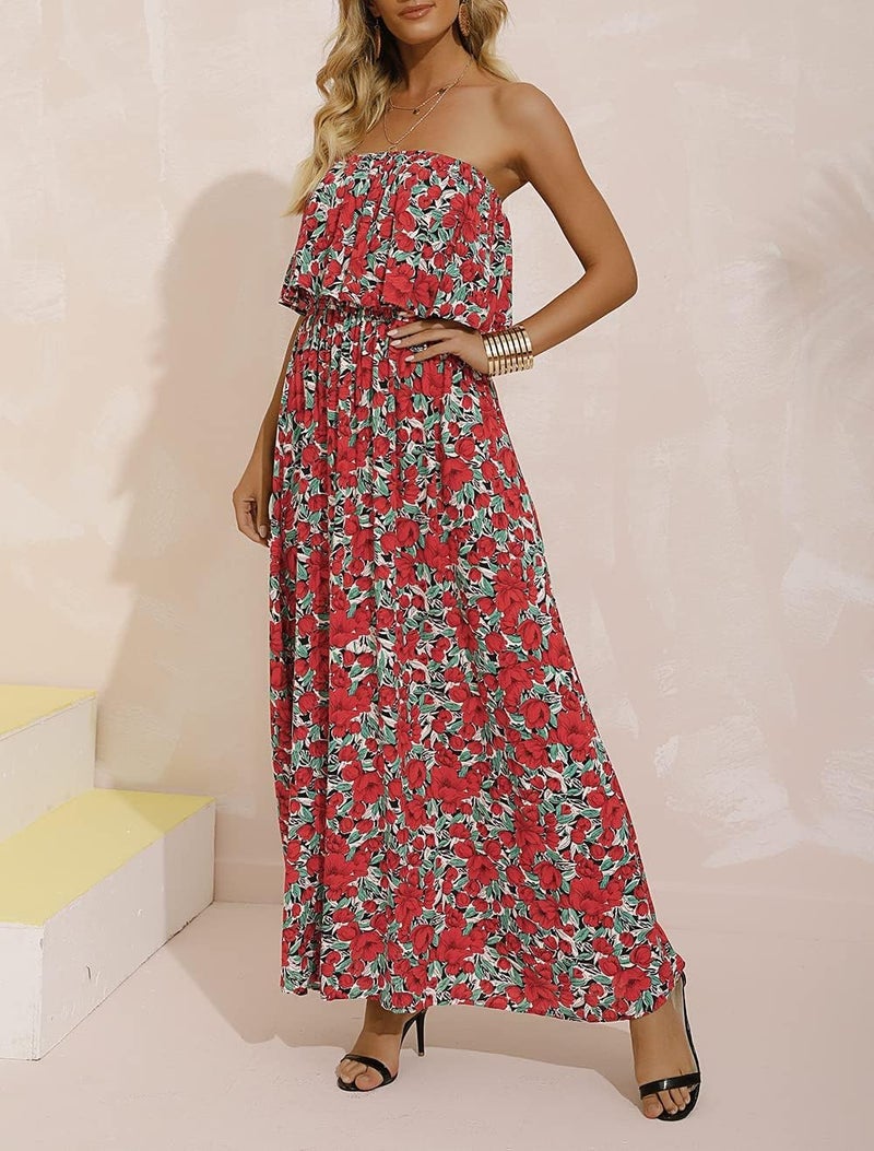 ZMPSIISA Women's Summer Off The Shoulder Maxi Dress Ruffle Strapless Blue White Porcelain Boho Casual Loose Long Dresses(A-Flower Red,X-Large) - Image 3