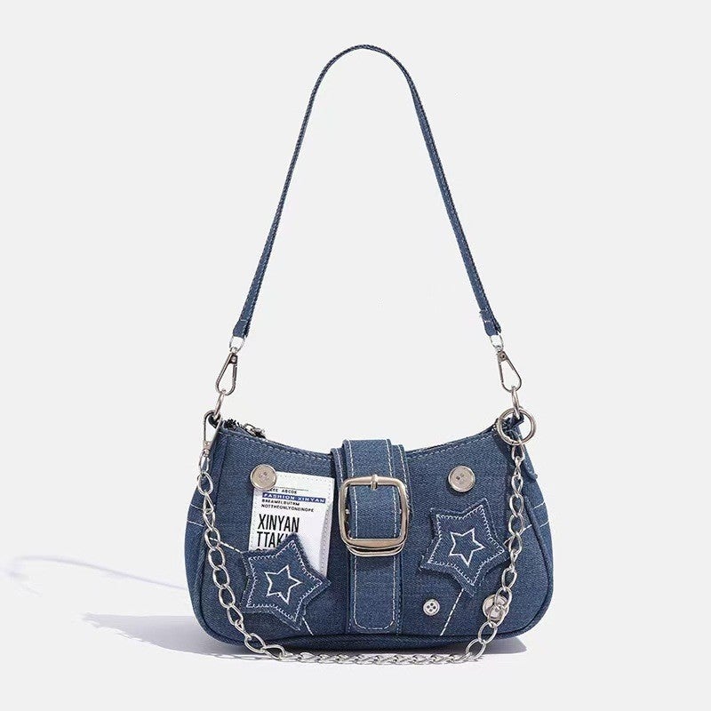 New Fashion Stylish Millennial Hot Girl Y2K Hot Girl Black Star Denim Underarm Bag Niche Crossbody Chain Bag - Image 1