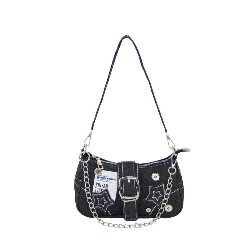 New Fashion Stylish Millennial Hot Girl Y2K Hot Girl Black Star Denim Underarm Bag Niche Crossbody Chain Bag - Image 2