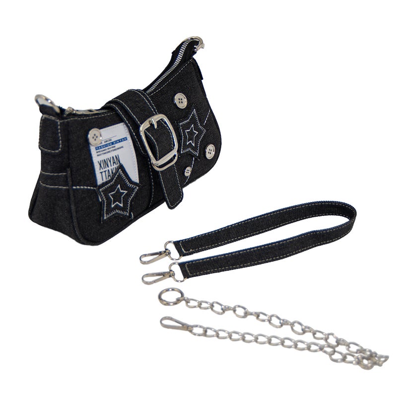 New Fashion Stylish Millennial Hot Girl Y2K Hot Girl Black Star Denim Underarm Bag Niche Crossbody Chain Bag - Image 3