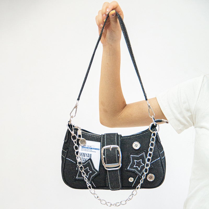 New Fashion Stylish Millennial Hot Girl Y2K Hot Girl Black Star Denim Underarm Bag Niche Crossbody Chain Bag - Image 4
