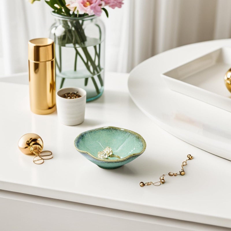 KROUJITY 4.72" Small Decorative Bowl, Ceramic Green Key Bowls for Entryway Table, Jewelry Dish, Trinket Holder, Offering Bowl, Potpourri Bowl, Vintage Home Decor with Unique Irregular Rim - Image 3