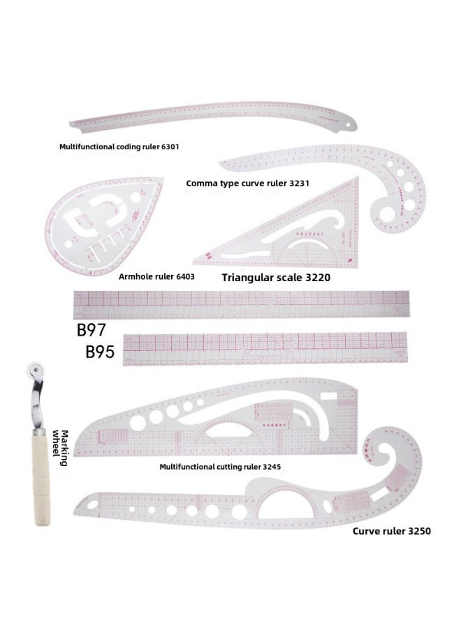 ثام مسطرة الملابس، مسطرة القص، مسطرة كم القفص، مسطرة المنحنيات، مسطرة قوس الأزرار، مجموعة مساطر - Image 1