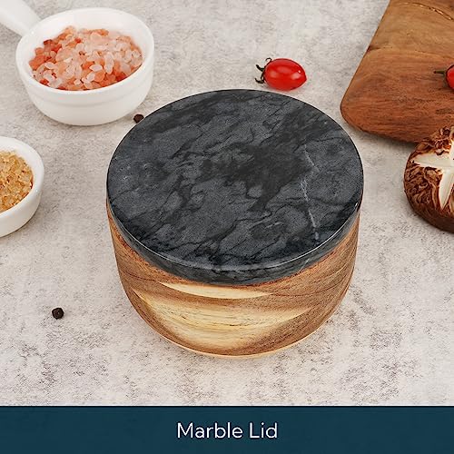 KITCHENDAO Large Acacia Salt Cellar Box Bowl with Built-in Spoon and Marble Lid, Solid Natural Acacia Wood Bath Sea Salt Container, Black Marble Lid, Pepper Sealer Pinch Bowl, 10oz Capacity - Image 4
