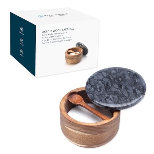 KITCHENDAO Large Acacia Salt Cellar Box Bowl with Built-in Spoon and Marble Lid, Solid Natural Acacia Wood Bath Sea Salt Container, Black Marble Lid, Pepper Sealer Pinch Bowl, 10oz Capacity - Image 1