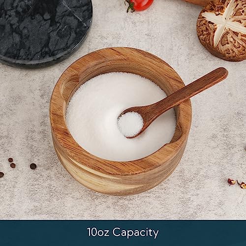 KITCHENDAO Large Acacia Salt Cellar Box Bowl with Built-in Spoon and Marble Lid, Solid Natural Acacia Wood Bath Sea Salt Container, Black Marble Lid, Pepper Sealer Pinch Bowl, 10oz Capacity - Image 2