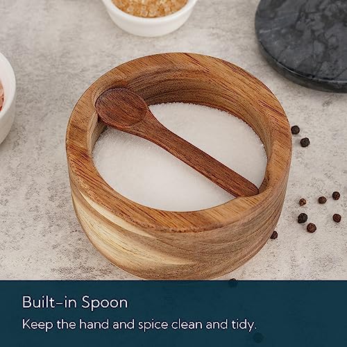 KITCHENDAO Large Acacia Salt Cellar Box Bowl with Built-in Spoon and Marble Lid, Solid Natural Acacia Wood Bath Sea Salt Container, Black Marble Lid, Pepper Sealer Pinch Bowl, 10oz Capacity - Image 3