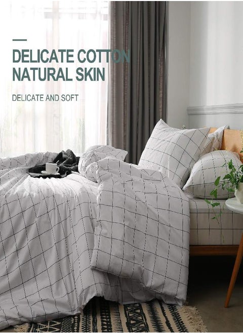JELLYMONI 100% Natural Cotton 3pcs Plaid Duvet Cover Sets,White with Black Grid Geometric Pattern Printed Comforter Cover,with Zipper Closure & Corner Ties(Full Size)