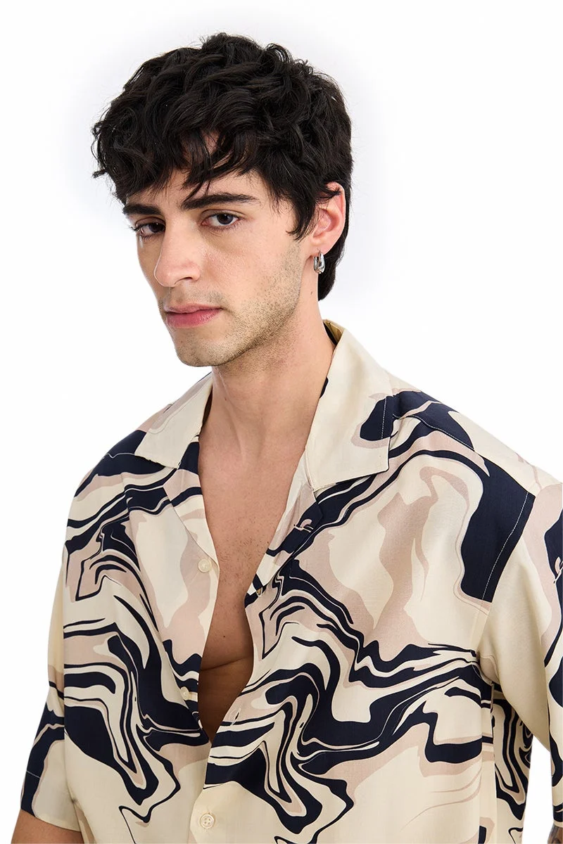 SNITCH Cream Abstract Half Sleeve Oversized Shirt
