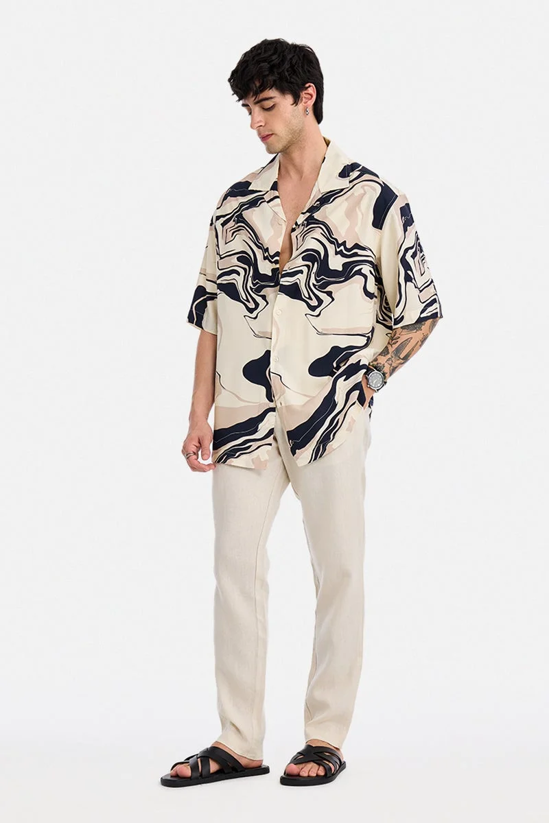 SNITCH Cream Abstract Half Sleeve Oversized Shirt