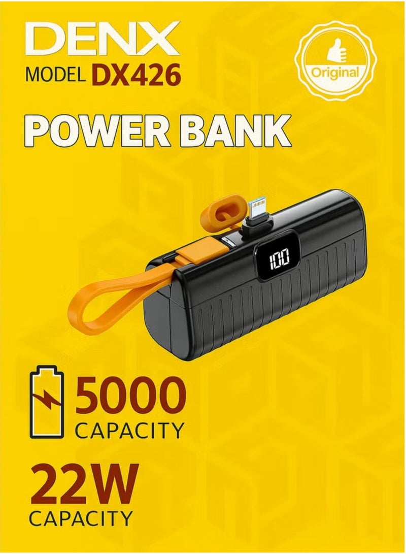 Denx DENX DX426 5000mAh Mini Power Bank with Built-in Charging Cable | 22W Fast Charging | LED Display | Compact Portable Charger for Mobile, iPhone, Android  - Image 1
