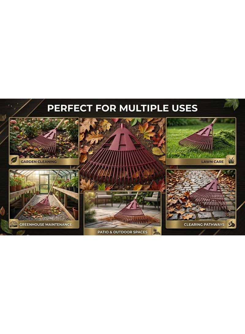 Sturdy 24-tooth leaf rake for lawn cleaning, wide leveling soil and landscaping - hands-free - brick - Image 4