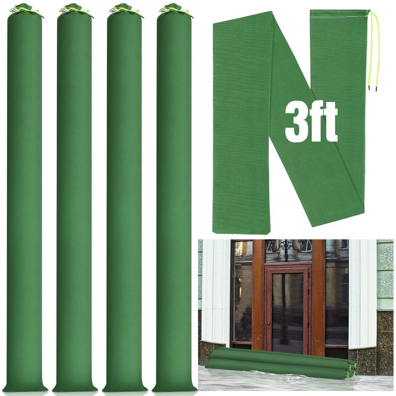 Threan 4 Pcs 3 ft Sandbags for Flooding Flood Prevention Sand Tube Bags Thickened Canvas Reusable Rain Wind Flood Barrier with Elastic Band Water Barrier Tube for Door Garden Rain Control Green - Image 2