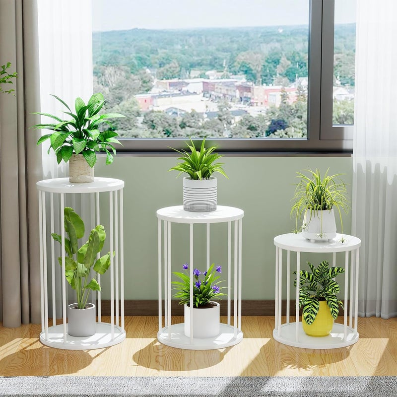 HDANI Round Metal Plant Stand, 35 cm, Solid and Robust Flower Stand for Living Room, Garden, Balcony, Wooden Flower Stool for Indoor and Outdoor Use, White - Image 5