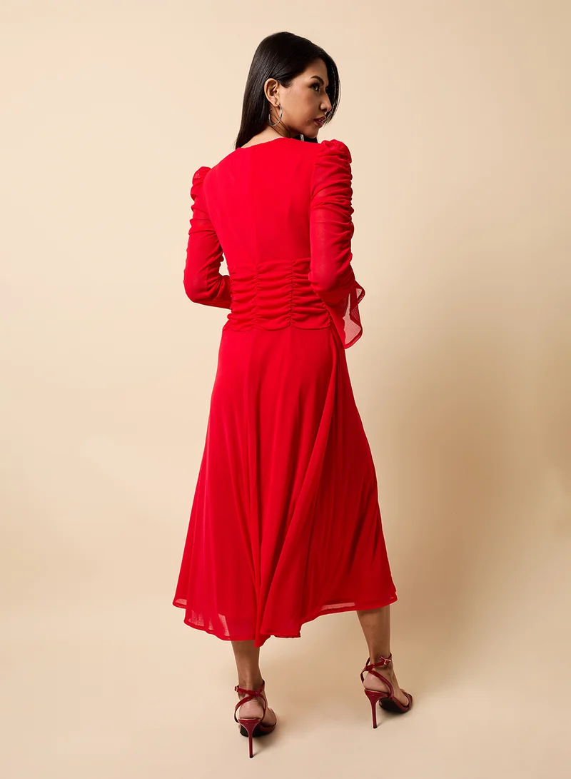Little Mistress Mesh Detail V Neck Puff Sleeve Maxi Dress