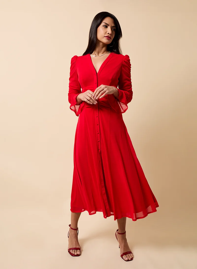Little Mistress Mesh Detail V Neck Puff Sleeve Maxi Dress
