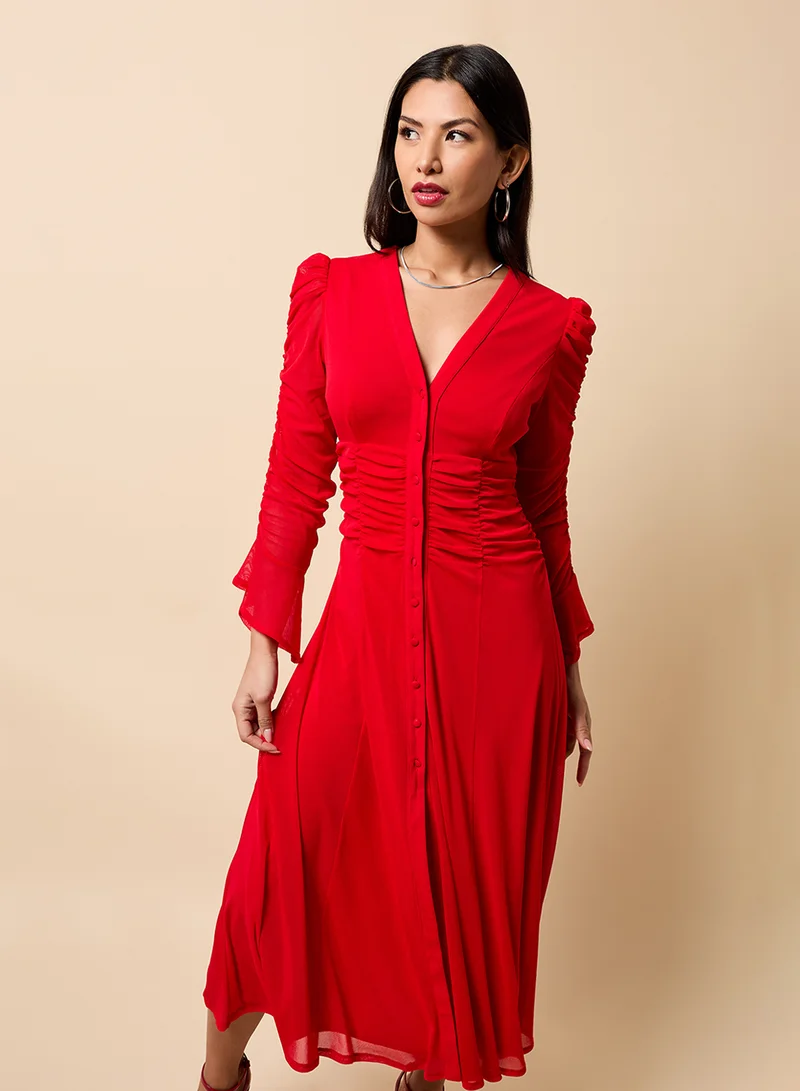Little Mistress Mesh Detail V Neck Puff Sleeve Maxi Dress