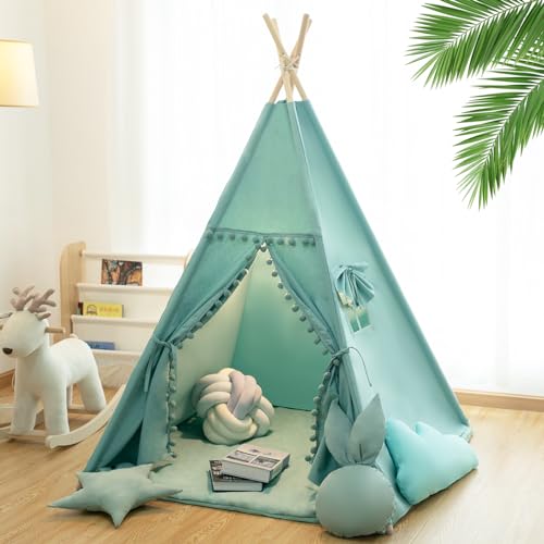 RONGFA Teepee Tent for Kids with Mat Star Lights Carry Case Cotton Canvas Playhouse Foldable Tents Portable Children Play Tent Indoor Outdoor Jewelry Blue - Image 1