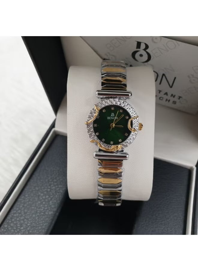 Women's stainless steel wristwatch adorned with zircon stones, water-resistant, modern and high quality, silver and gold bracelet with a green dial