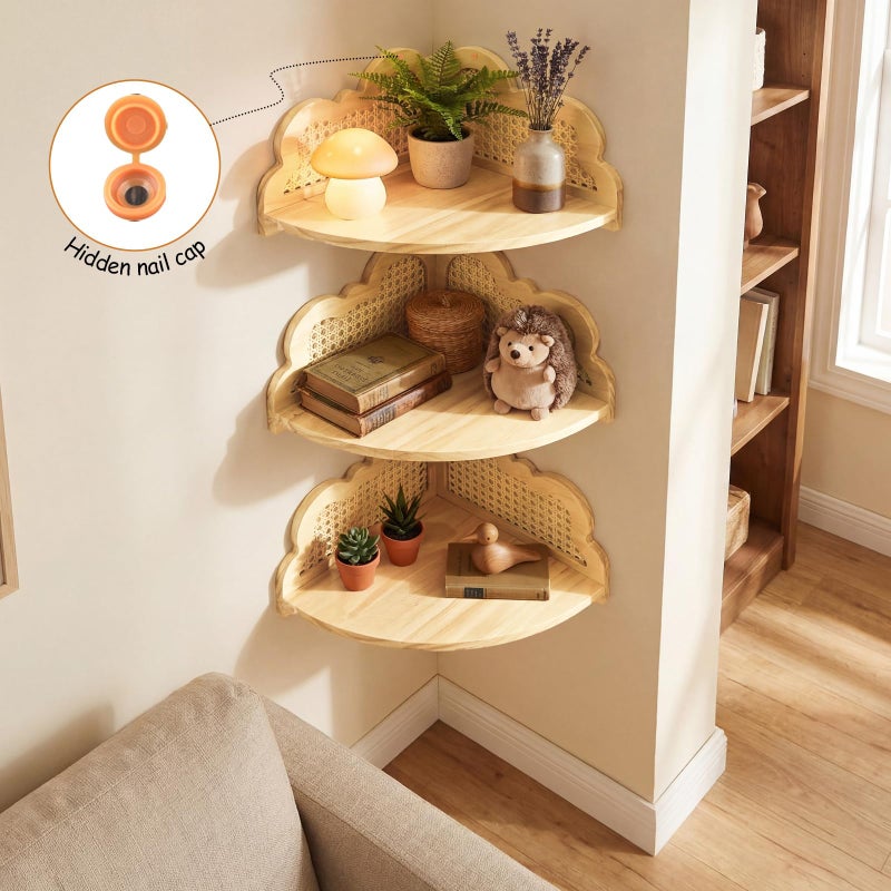 Fiwochic 3 Pcs Cloud Floating Corner Shelf Set Boho Rattan Storage with Natural Pine Wood Frame Cute Corner Shelves for Wall Home Decor Bedroom Kitchen Bathroom - Image 4