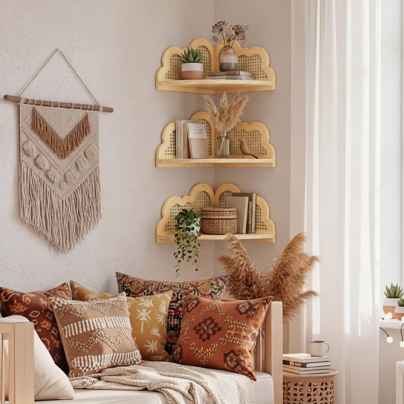 Fiwochic 3 Pcs Cloud Floating Corner Shelf Set Boho Rattan Storage with Natural Pine Wood Frame Cute Corner Shelves for Wall Home Decor Bedroom Kitchen Bathroom - Image 3