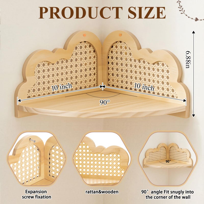 Fiwochic 3 Pcs Cloud Floating Corner Shelf Set Boho Rattan Storage with Natural Pine Wood Frame Cute Corner Shelves for Wall Home Decor Bedroom Kitchen Bathroom - Image 2