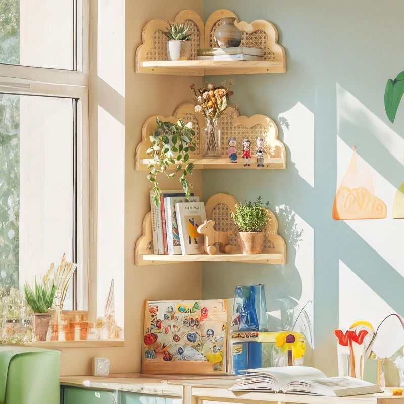 Fiwochic 3 Pcs Cloud Floating Corner Shelf Set Boho Rattan Storage with Natural Pine Wood Frame Cute Corner Shelves for Wall Home Decor Bedroom Kitchen Bathroom - Image 5