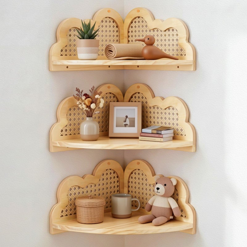 Fiwochic 3 Pcs Cloud Floating Corner Shelf Set Boho Rattan Storage with Natural Pine Wood Frame Cute Corner Shelves for Wall Home Decor Bedroom Kitchen Bathroom - Image 1