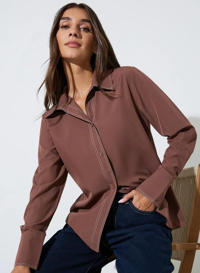 ستايلي Brown Contrast Stitch Detail Regular Fit Shirt