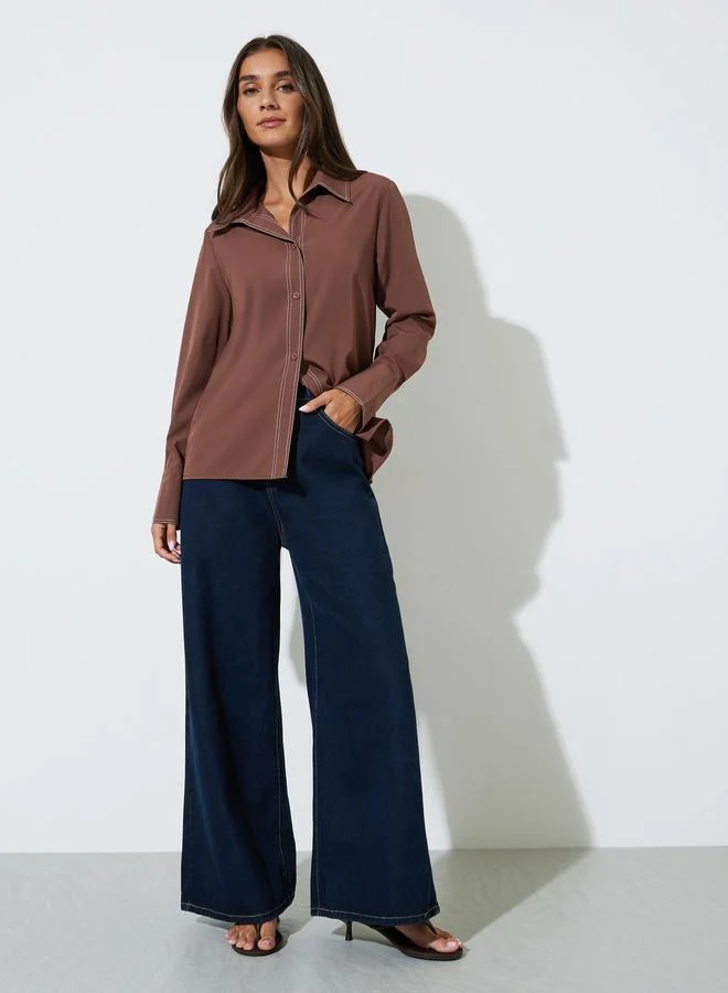 ستايلي Brown Contrast Stitch Detail Regular Fit Shirt