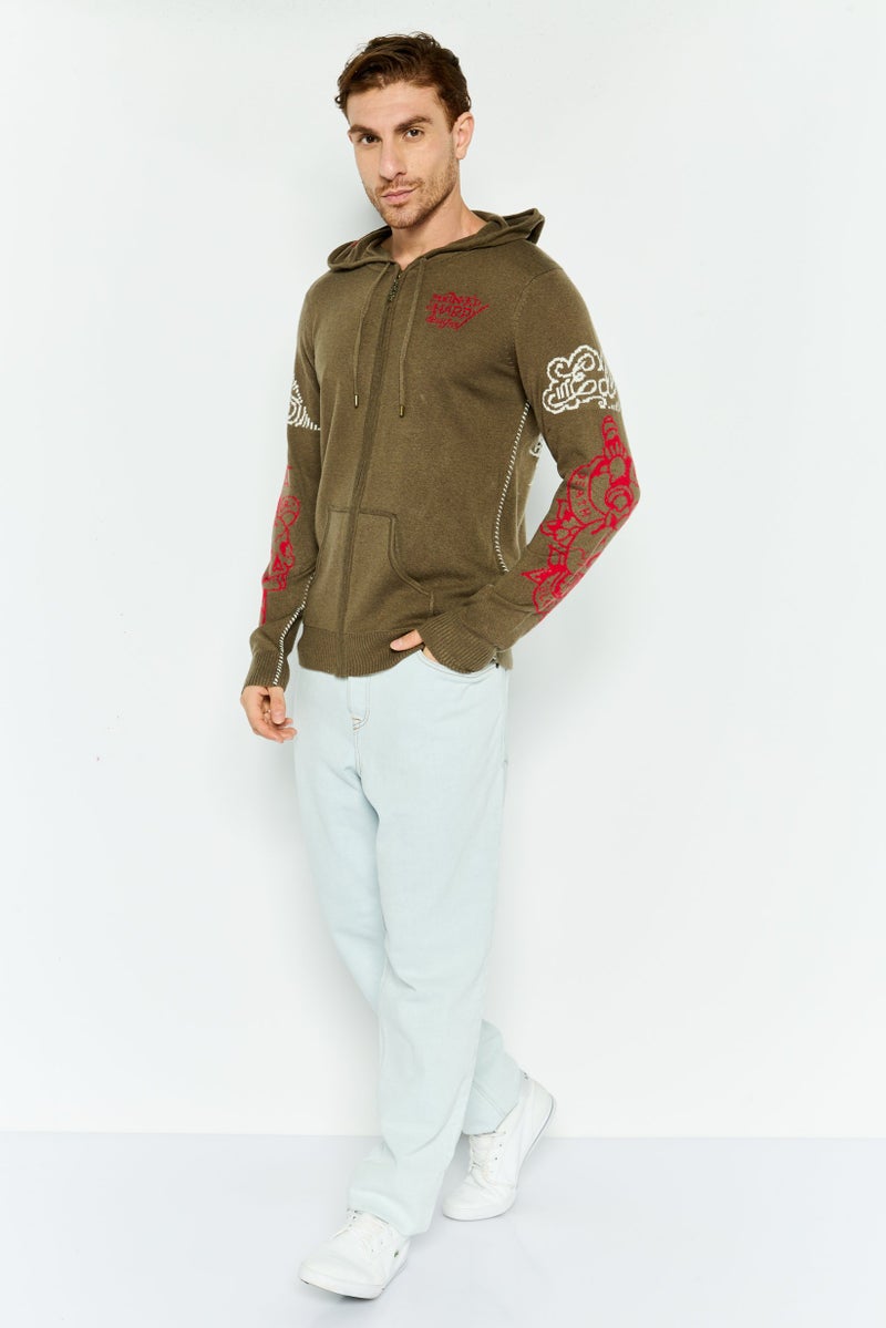 Ed Hardy سويت شيرت طويل الأكمام للرجال مع غطاء رأس وطباعة جرافيك، مزيج زيتوني - Image 2