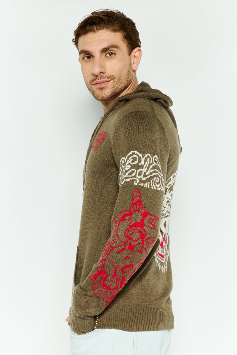 Ed Hardy سويت شيرت طويل الأكمام للرجال مع غطاء رأس وطباعة جرافيك، مزيج زيتوني - Image 3