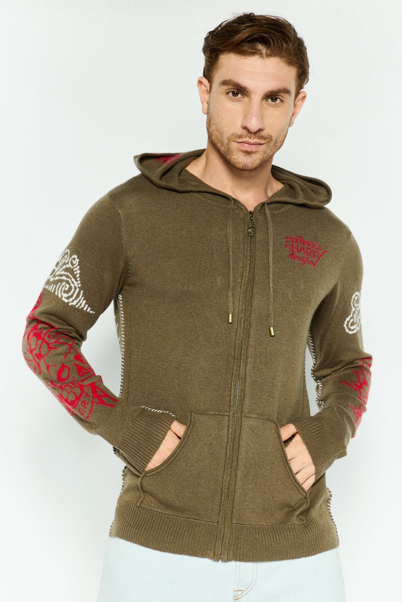 Ed Hardy سويت شيرت طويل الأكمام للرجال مع غطاء رأس وطباعة جرافيك، مزيج زيتوني - Image 1