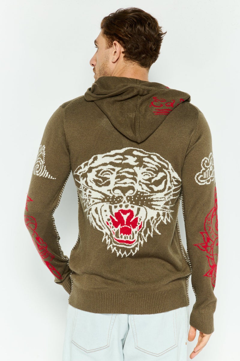 Ed Hardy سويت شيرت طويل الأكمام للرجال مع غطاء رأس وطباعة جرافيك، مزيج زيتوني - Image 4