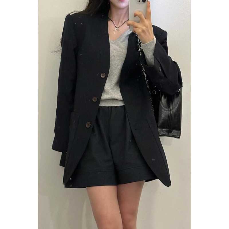 Early Autumn Elegant All-Match Commuter Single-Breasted Pleated Double Pocket V-Neck Blazer - Image 5