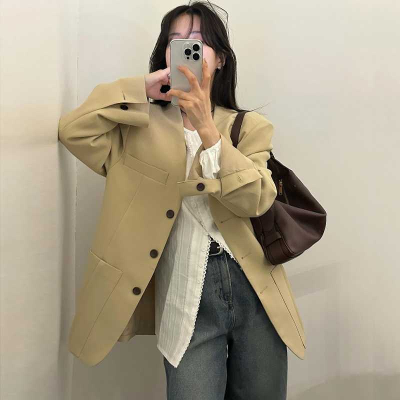 Early Autumn Elegant All-Match Commuter Single-Breasted Pleated Double Pocket V-Neck Blazer - Image 4