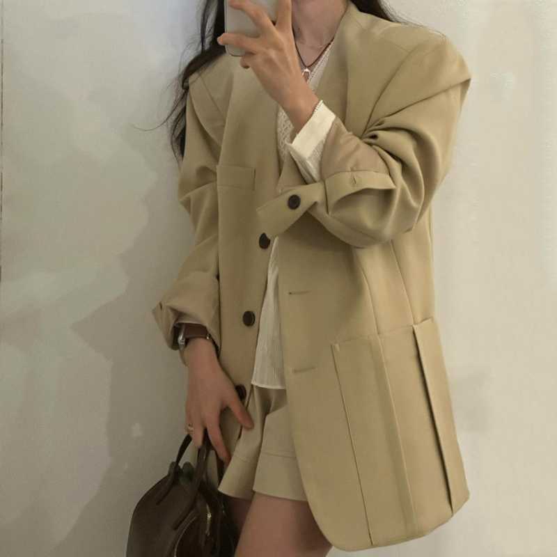 Early Autumn Elegant All-Match Commuter Single-Breasted Pleated Double Pocket V-Neck Blazer - Image 3