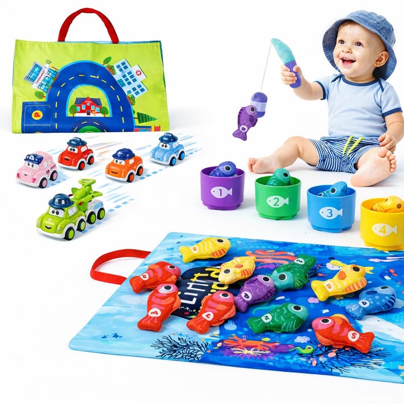 GOLDGE 2in1 Montessori Toys for 1 Year Old Toddler Fishing Game with Stacking Cups PullBack Cars Soft Sensory Learning Toys for 1218 Months Educational Sorting Counting Baby Toy Birthday Gifts - Image 3