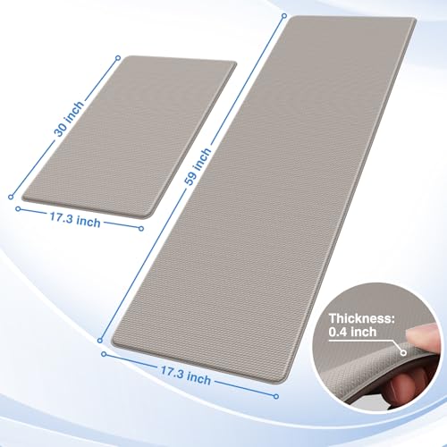StepRite Kitchen Mats, 2PCS Kitchen Rugs, Cushioned Anti Fatigue Kitchen Mats for Floor, Non-Slip Standing Desk Mat, Waterproof Kitchen Rug Set for Kitchen, Floor, Office, 17.3"x30"+17.3"x59", Khaki - Image 2