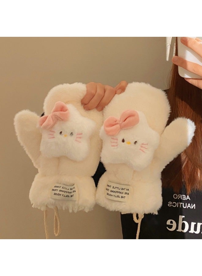 HelloKitty Plush Gloves Hello Kitty Leopard Full Finger Gloves Hanging Neck Women's Winter Cute Scarf Warm Scarf-Color:Pentagram Cat Gloves-one Size Fits All - Image 1