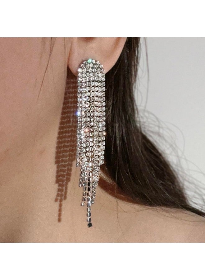 SELOVO Clear Austrian Crystal Chandelier Tassel Long Big Statement Chain Dangle Drop Earrings Silver Tone - Image 3
