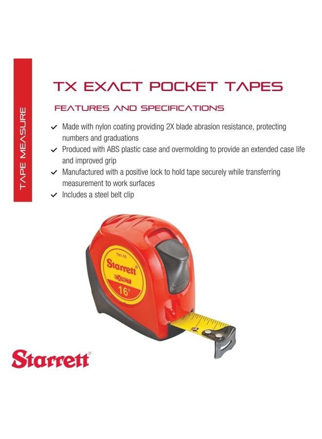 Starrett Exact KTX1-16-N ABS Plastic Case Red Measuring Pocket Tape, English Graduation Style, 4.9m Length, 1" Width, 0.0625mm Graduation Interval - Image 2