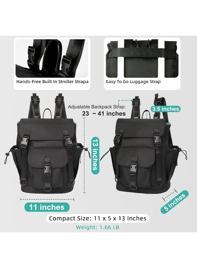 MOMINSIDE حقيبة ظهر حفاضات نيونبرين من MOMINSIDE - حقيبة حفاضات صغيرة، حقيبة أطفال ميني للبنات والأولاد، 2 جيوب معزولة، أحزمة عربة، 3 مشابك (أسود) - Image 5