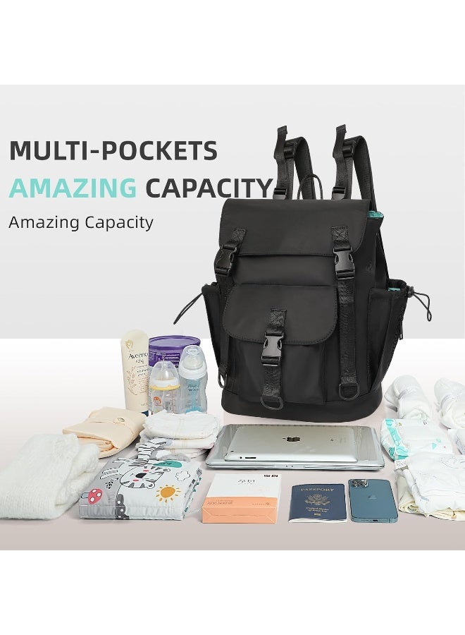 MOMINSIDE حقيبة ظهر حفاضات نيونبرين من MOMINSIDE - حقيبة حفاضات صغيرة، حقيبة أطفال ميني للبنات والأولاد، 2 جيوب معزولة، أحزمة عربة، 3 مشابك (أسود) - Image 3