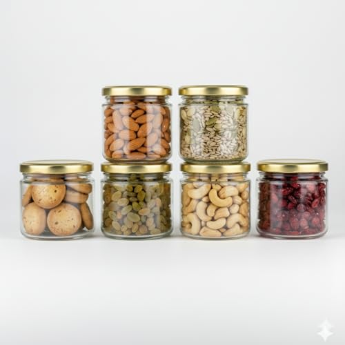 MACHAK Round Glass Jar Kitchen Storage Container With Rust Proof Air tight Metal Cap, 350ml, Clear (6) - Image 1