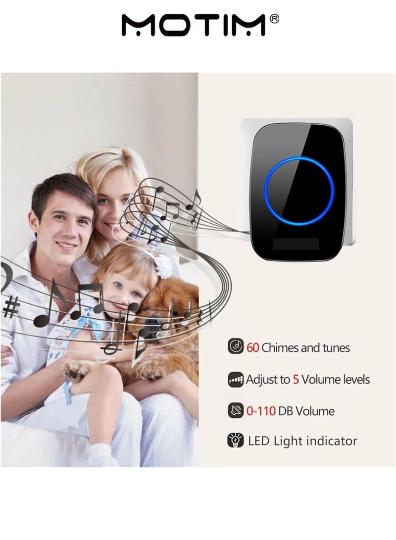 Motim Wireless Doorbell Kit 2 Buttons + 1 Bell Led Remote Control Cordless Doorbell Loud 300mt Long Distance with 60 Chime 5 Levels Volume LED Light Easy Install for Home School office - Image 2