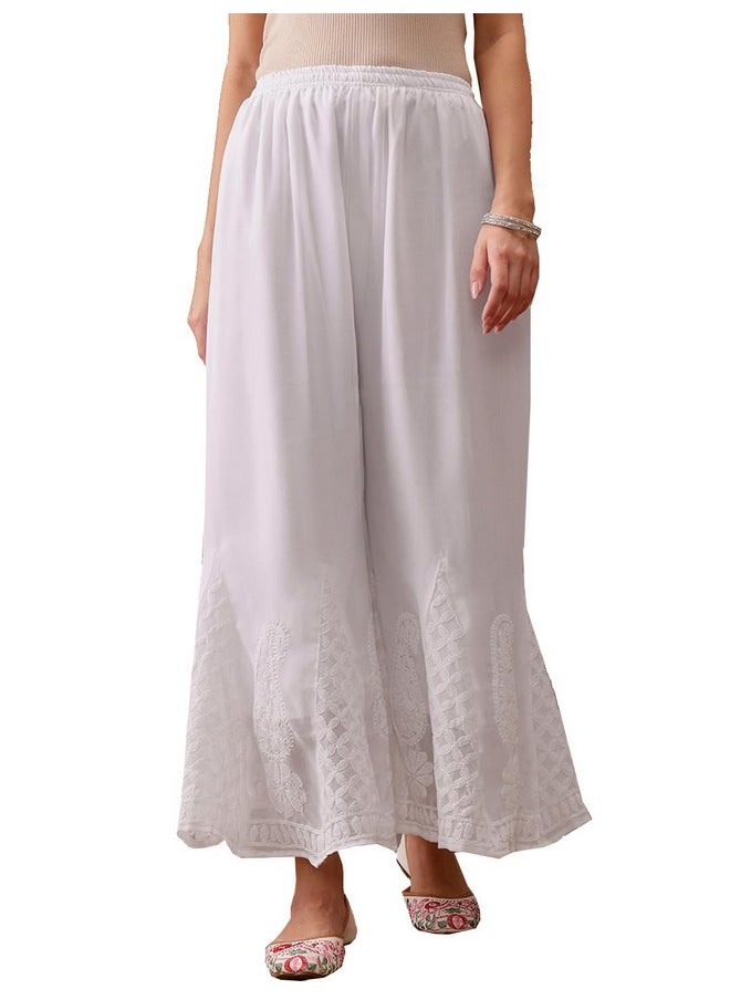 ADA - Ada Lucknowi Hand Embroidered Chikankari White Faux Georgette Flared Palazzo for Women A711166 (XL) - Image 1