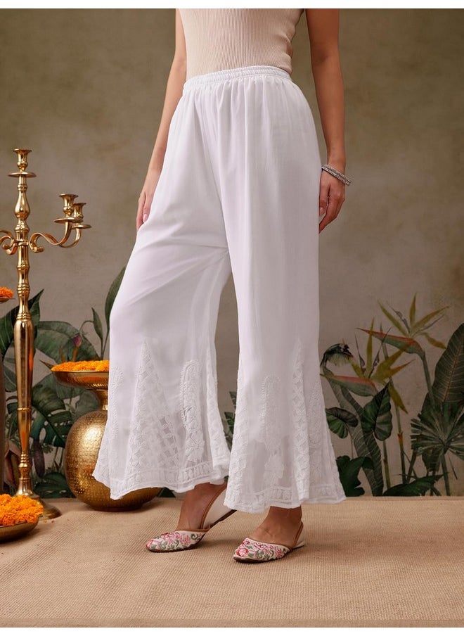 ADA - Ada Lucknowi Hand Embroidered Chikankari White Faux Georgette Flared Palazzo for Women A711166 (XL) - Image 1